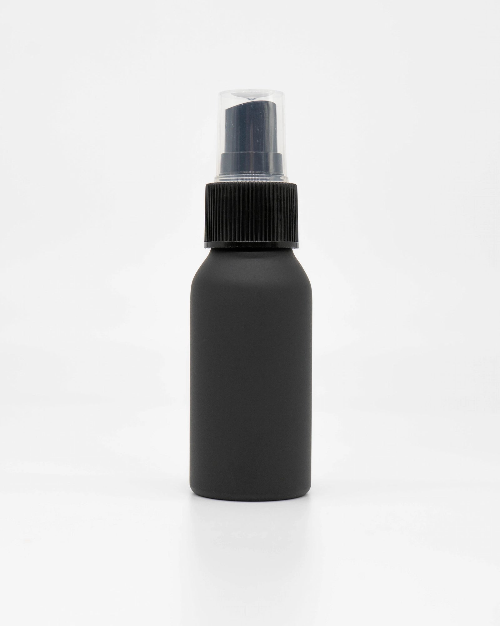 Basic Barista Matte Black RDT Spray Bottle 50ml on White Background Clear Plastic Lid