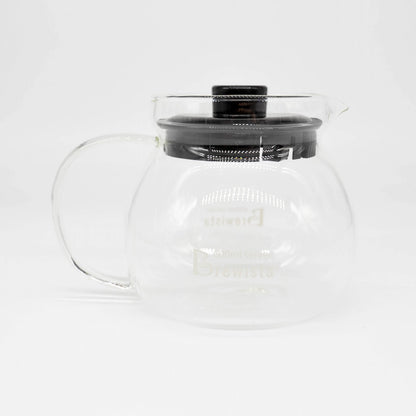 A 600ml glass coffee server carafe by Brewista, featuring a clear glass body, a black lid, and a clear glass handle, shown on a white background.