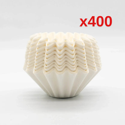Stack of white coffee filters with Red 'x400' text on a light grey background - Basic Barista pour Over Coffee filters Bulk Buy Option
