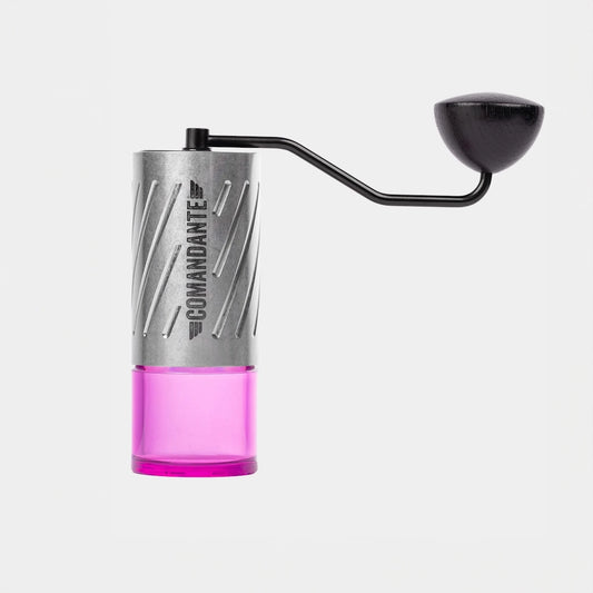 Comandante Stone Washed Stainless Steel Metal Coffee Grinder Pink Coffee Ground Cup Big Black Joe XL Crank and Knob on White Background Comandante Grinder Basic Barista