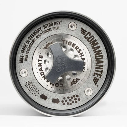 Comandante coffee grinder with 'Comandante' branding, Stainless Steel Comandante C40 Tigershark Burrs Lab Series Coffee Grinder on a white background Clicker Adjustment Knob Basic Barista Coffee Gear