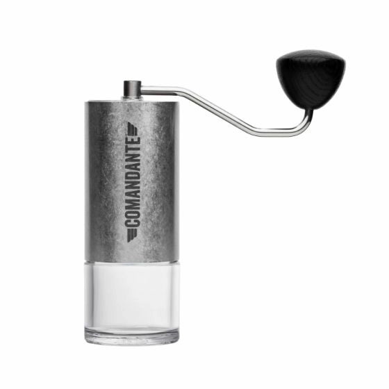 Manual coffee grinder with 'Comandante' branding, Stainless Steel Comandante C40 Tigershark Burrs Lab Series Coffee Grinder on a white background