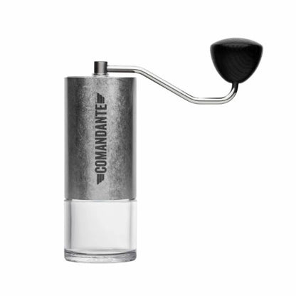 Manual coffee grinder with 'Comandante' branding, Stainless Steel Comandante C40 Tigershark Burrs Lab Series Coffee Grinder on a white background