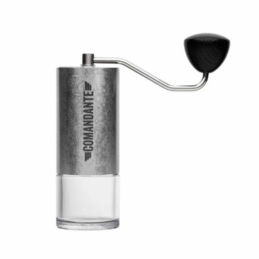 Manual coffee grinder with 'Comandante' branding, Stainless Steel Comandante C40 Tigershark Burrs Lab Series Coffee Grinder on a white background