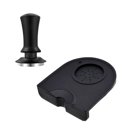 Black Calibrated coffee tamper (self levelling) with Bonus Black Silicon Coffee Tamping Matt Basic Barista branded on white background - espresso gear and accessories available online Melbourne Australia