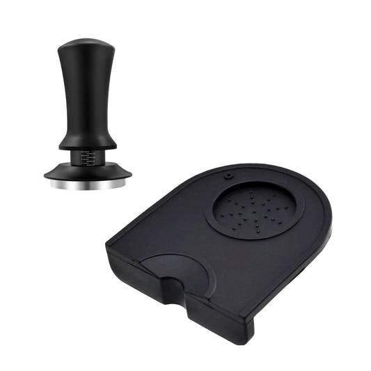 Black Calibrated coffee tamper (self levelling) with Bonus Black Silicon Coffee Tamping Matt Basic Barista branded on white background - espresso gear and accessories available online Melbourne Australia