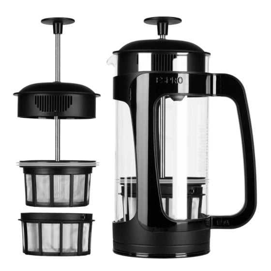Black Espro French press coffee maker with dual filter system on a white background Basic Barista Coffee Gear Espro P3 Press