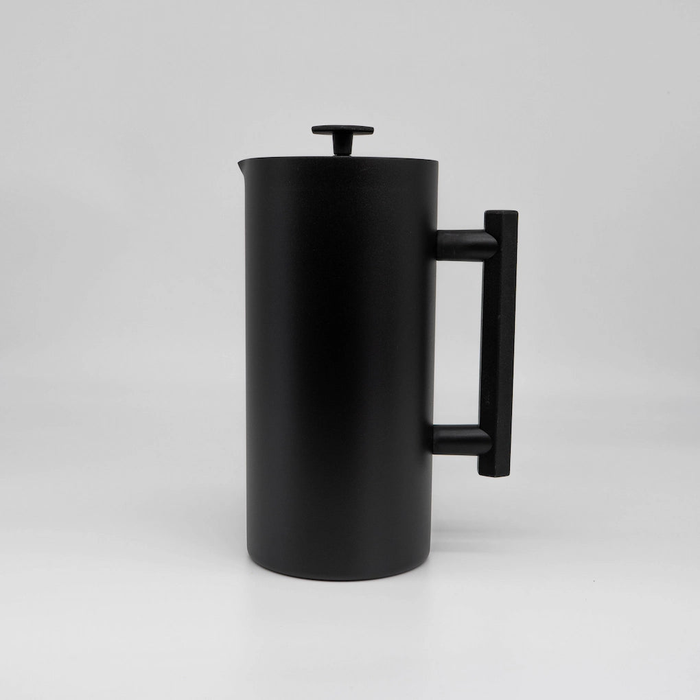 Black Stainless Steel French Press pitcher Espro P6 Matte Black Design handle on a Grey background Basic Barista French Press