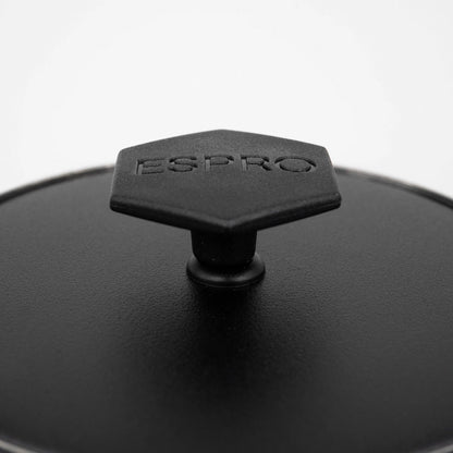 Close up of a black stainless steel matte black coated french press P6 lid on a light grey background Basic Barista Matte Black Online Coffee Gear 
