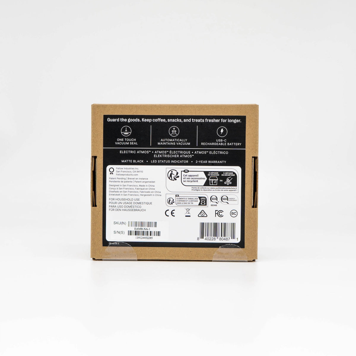 Fellow Electric Atmos Lid Vacuum Canister Basic Barista Brown Box Packaging on White Background