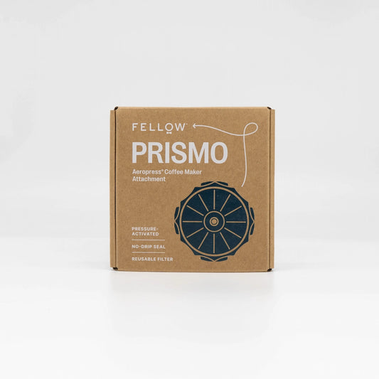 Fellow Prismo AeroPress Coffee Maker Attachment Brown Box Blue Design on white background