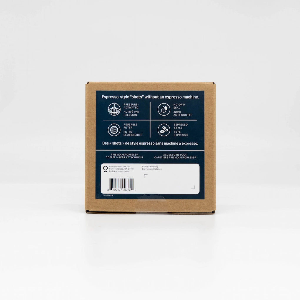 Fellow Prismo AeroPress Coffee Maker Attachment Brown Box Packaging Blue Design on white background - Basic Barista New Packaging
