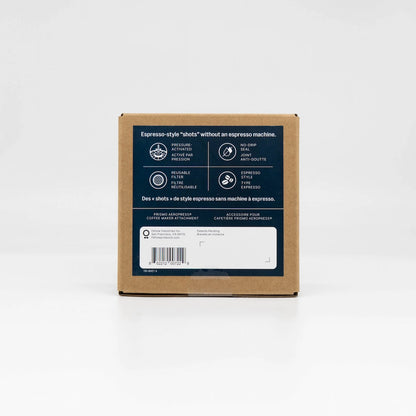 Fellow Prismo AeroPress Coffee Maker Attachment Brown Box Packaging Blue Design on white background - Basic Barista New Packaging