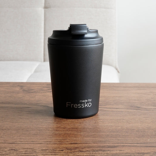 Fresko Bino 8oz coffee cup reusable travel coffee keep cup Black matte black plain coffee cups Melbourne Australia Northcote Victoria eco friendly sustainable eco packaging coffee cup no waste zero waste coffee cafe cups