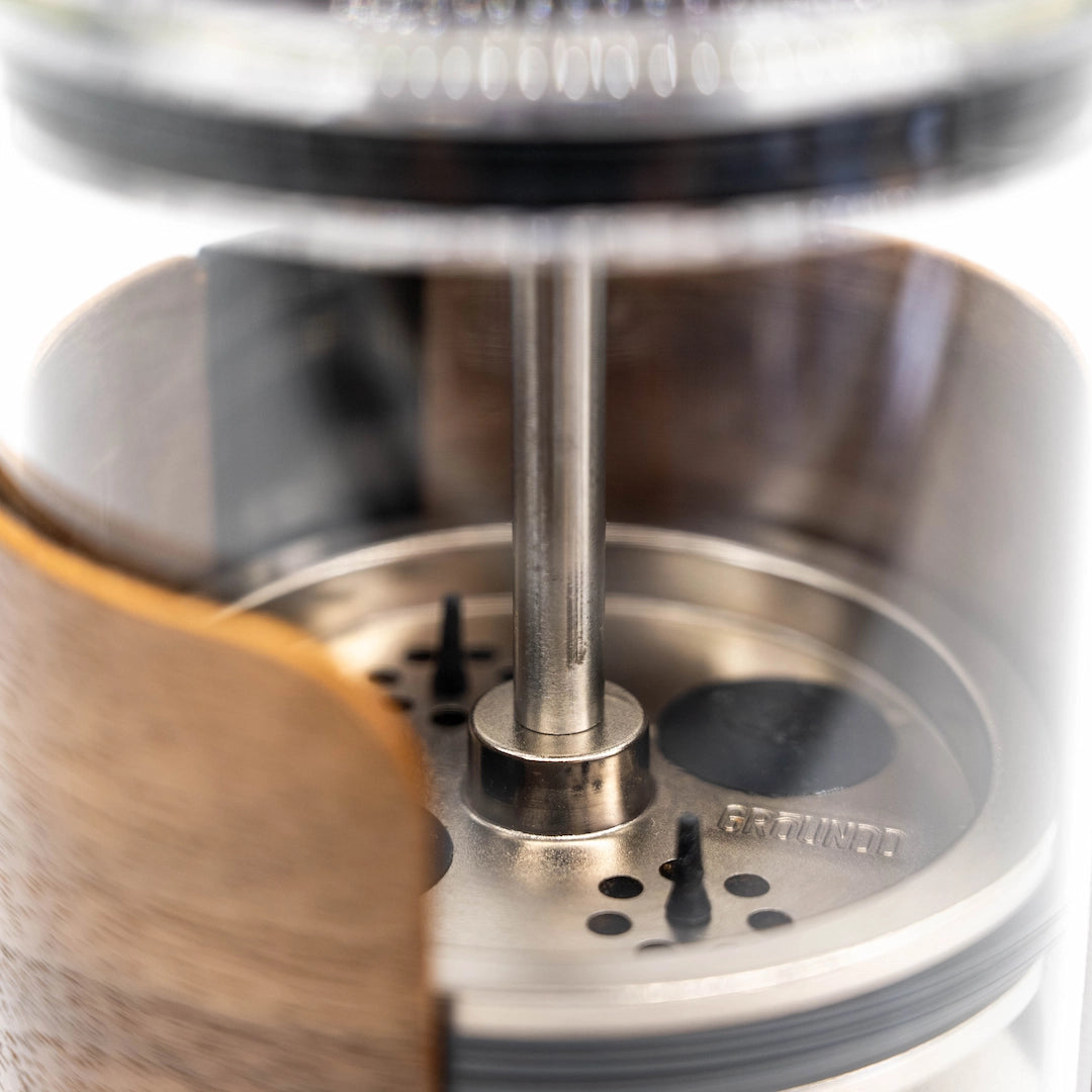close up of plunger patented design system of Ground xpress Travel Coffee Press Basic Barista Online Coffee Gear