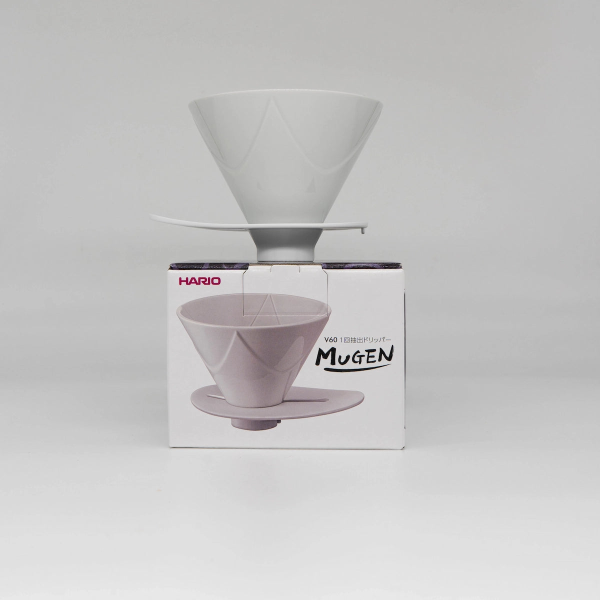 Hario V60 Mugen Dripper Ceramic White Coffee Pour Over Cone and box Basic Barista on Grey Background