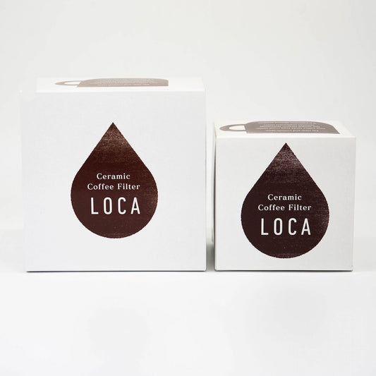 Two white boxes with brown drop-shaped logo and 'LOCA' text on a white background