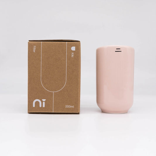 Ni Wares Kiki Cup Ceramic Coffee Cup Pink Matte pink Flute cup dual-lip with box on grey background 