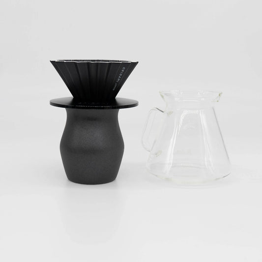 Origami Dripper Matte Black Pour Over Coffee Kit Limited Edition Bundle Basic Barista Coffee Gear on white background with glass carafe