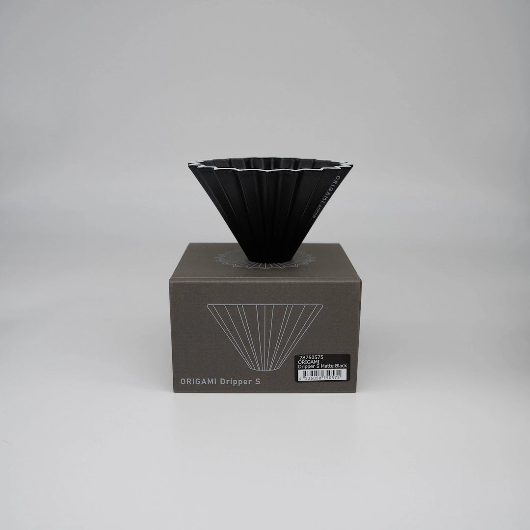 Matte Black Origami coffee Dripper Limited edition coffee brewer standing on box (Small) S Basic Barista Coffee Brewer on white background