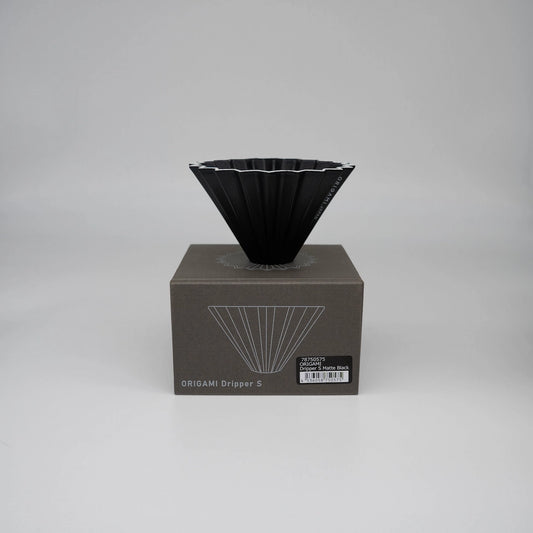 Matte Black Origami coffee Dripper Limited edition coffee brewer standing on box (Small) S Basic Barista Coffee Brewer on white background
