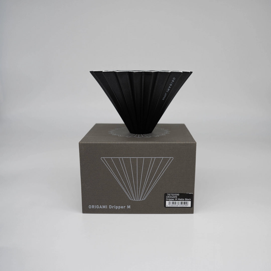 Matte Black Origami coffee Dripper Limited edition coffee brewer standing on box (Medium) M Basic Barista Coffee Brewer on white background