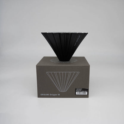 Matte Black Origami coffee Dripper Limited edition coffee brewer standing on box (Medium) M Basic Barista Coffee Brewer on white background