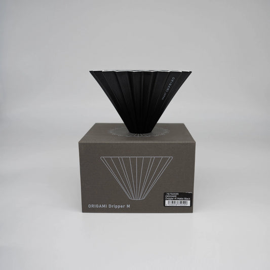 Matte Black Origami coffee Dripper Limited edition coffee brewer standing on box (Medium) M Basic Barista Coffee Brewer on white background