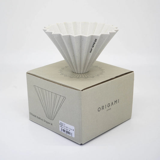 Origami Rework Dripper Recycled Origami Drippers into Rework new pour over coffee dripper Basic Barista Origami Japan 'ORIGAMI JAPAN' Logo on packaging box on a white background 