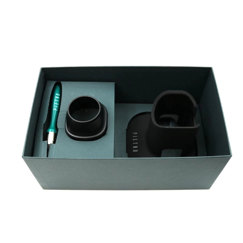 Pietro Add On Pack Coffee Grinder accessories Pietro Stand Coffee Dose Funnel and Coffee Grinder Brush in packaging box all on a white background