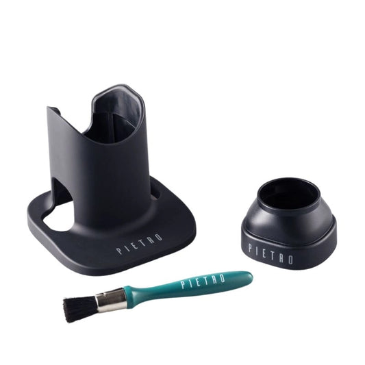 Pietro Add On Pack Coffee Grinder Stand Coffee Dose Funnel and Coffee Grinder Brush all on a white background Basic Barista Coffee Grinder Coffee Gear and accessories