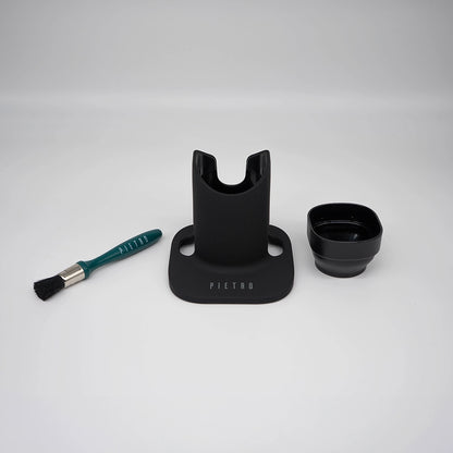 Pietro Add On Pack Coffee Grinder Stand Coffee Dose Funnel and Coffee Grinder Brush all on a white background Basic Barista Coffee Grinder Coffee Gear and accessories