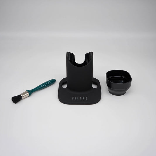 Pietro Add On Pack Coffee Grinder Stand Coffee Dose Funnel and Coffee Grinder Brush all on a white background Basic Barista Coffee Grinder Coffee Gear and accessories