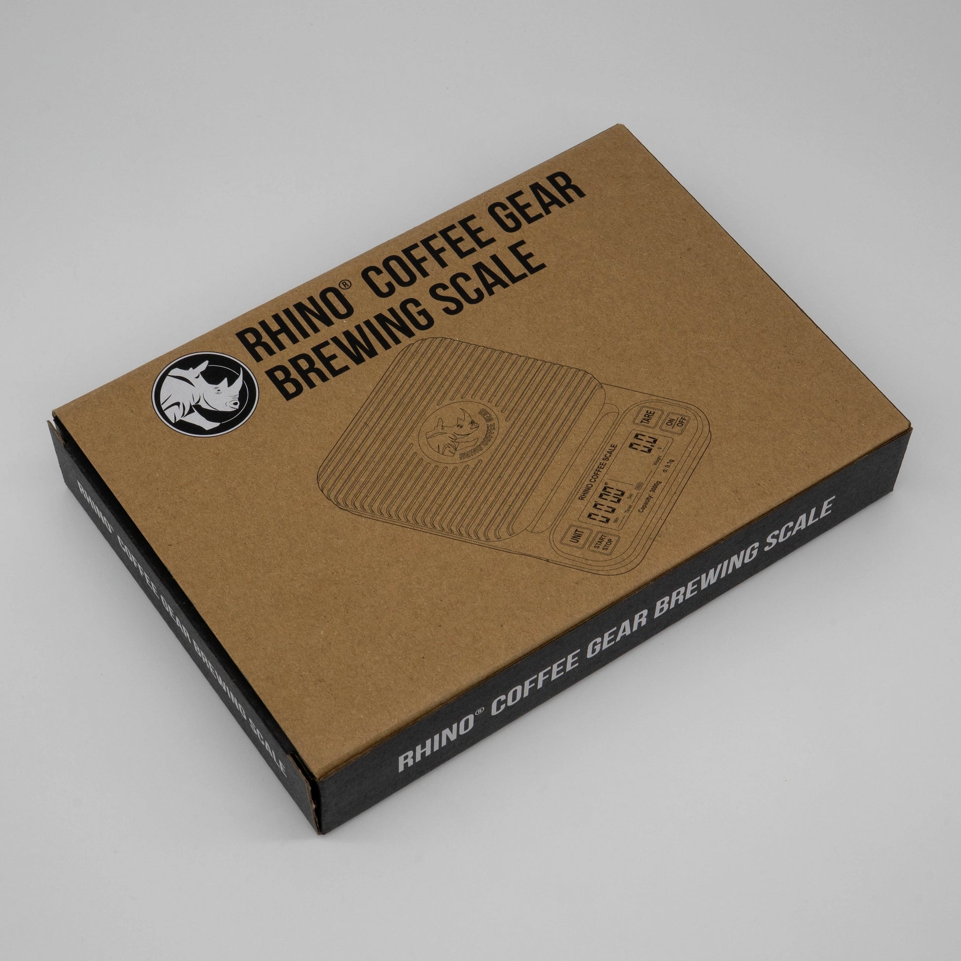 Box for Rhino Coffee Gear Brewing Scale on a gray background