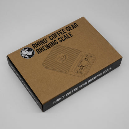 Box for Rhino Coffee Gear Brewing Scale on a gray background