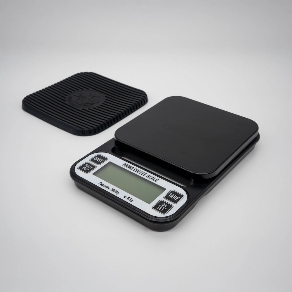 Rhino Coffee Brewing Scales Budget Brew Scale Pour Over Coffee Cafe Gear Digital Coffee Scales Black Matt Grey Background
