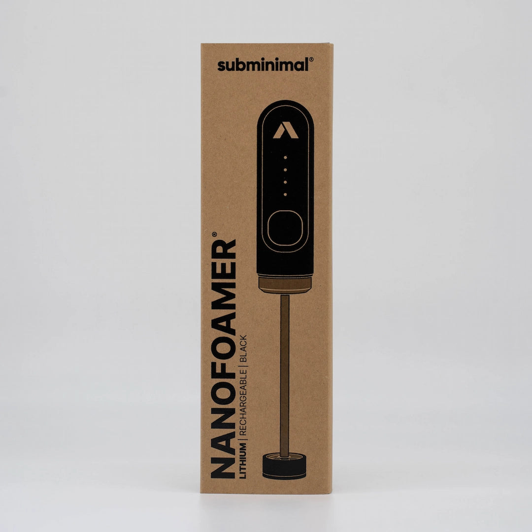 Subminimal Nanofoamer V2 Lithium rechargeable Nano foamer milk texture for coffee at home Box standing upright on a white background Basic Barista coffee gear online