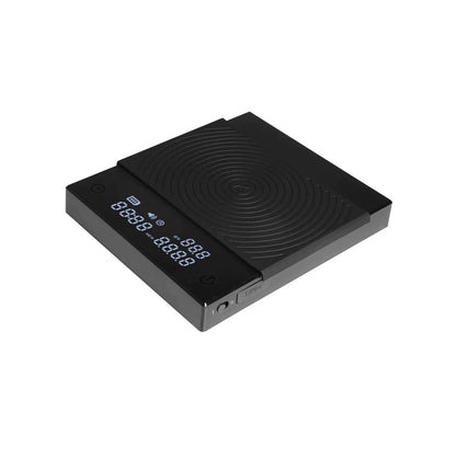 Timemore Black Mirror Basic 2 Coffee Brewing Scale, black colour, displaying digital screen with weight measurements. Basic Barista Coffee Brewing Scale Budget Coffee Gear Scale Brewers