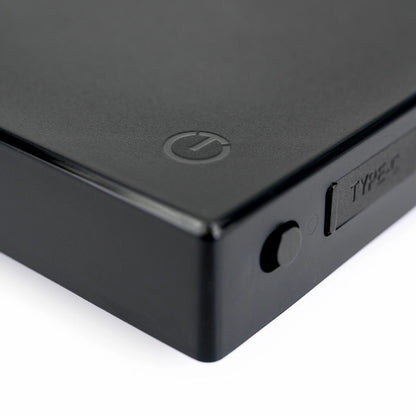 Timemore Black Mirror Basic 2 Coffee Brewing Scale, close up of on off toggle switch black colour, displaying digital screen with weight measurements. Basic Barista Coffee Brewing Scale Budget Coffee Gear Scales  