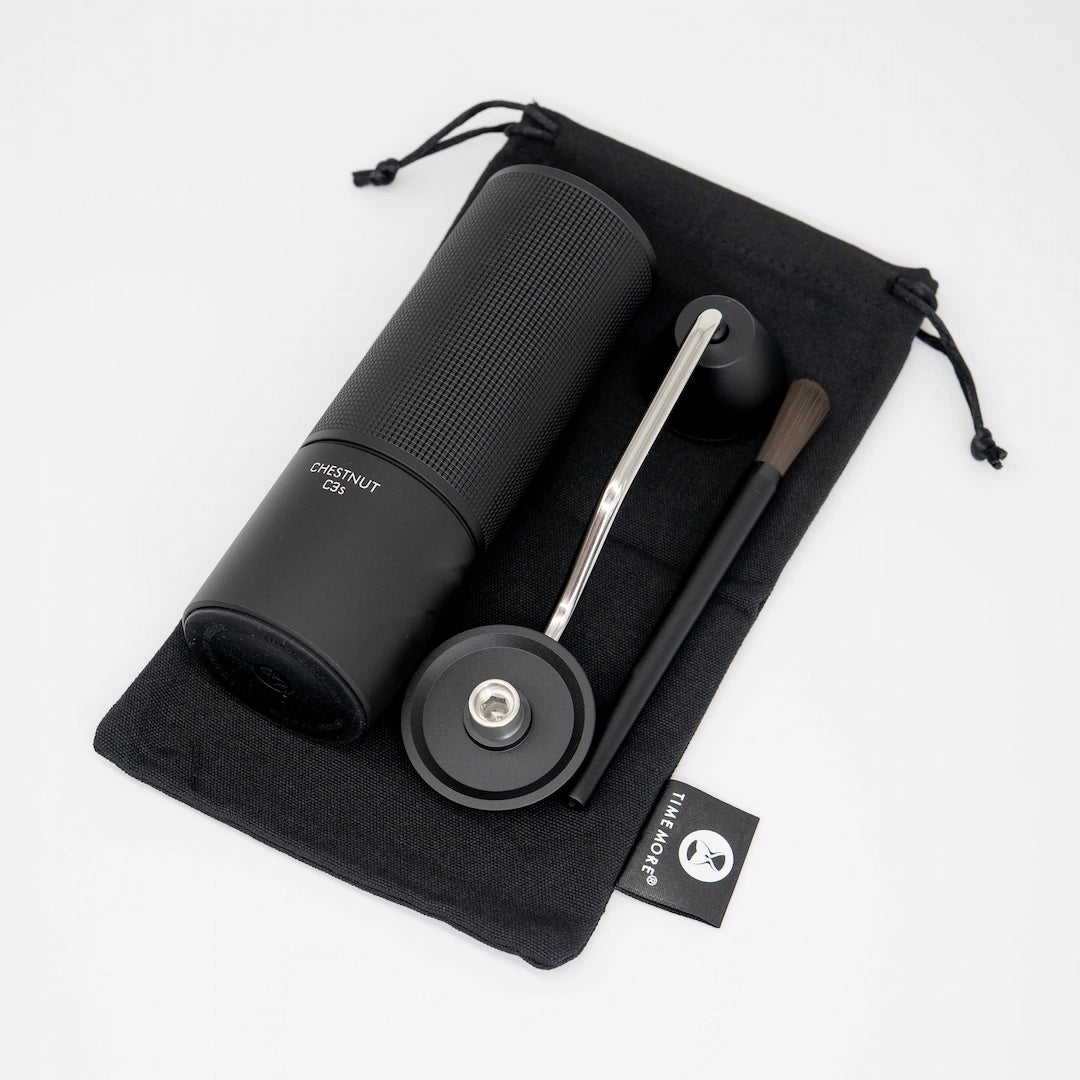 Timemore Chestnut C3S Coffee Hand Grinder - Black Coffee Grinder on carry pouch on White Background Basic Barista Coffee Grinders