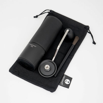 Timemore Chestnut C3S Coffee Hand Grinder - Black Coffee Grinder on carry pouch on White Background Basic Barista Coffee Grinders