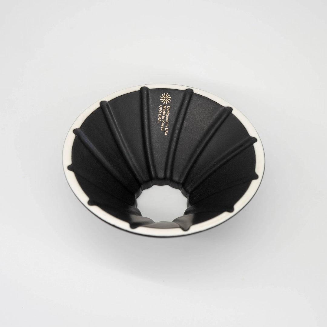 Black and white UFO Dripper Ceramic Matte Black on a White background
