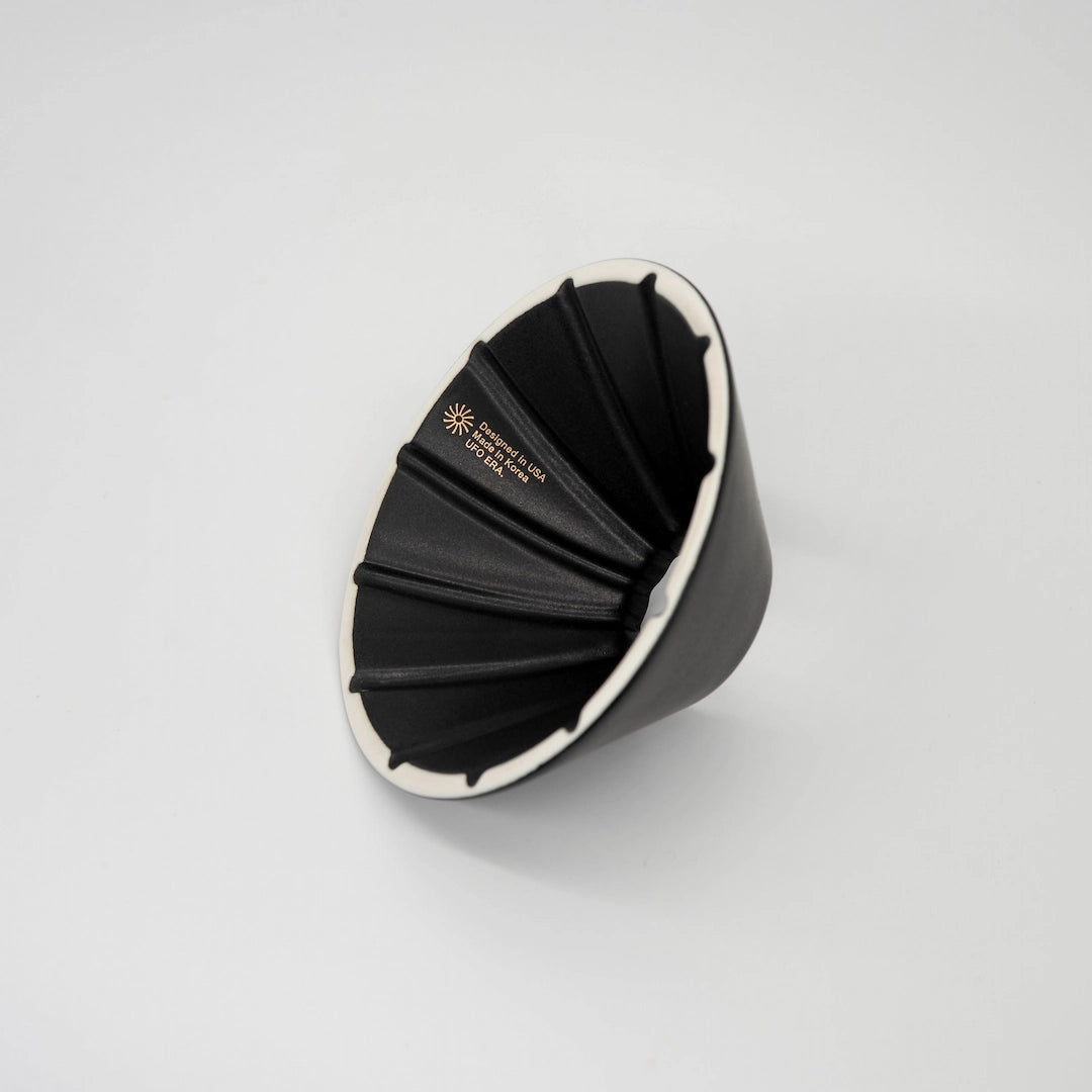 Black and white UFO Dripper Ceramic Matte Black on a White background