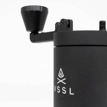 VSSL Java G45 Coffee Hand Grinder Black fold up carabiner crank knob on White Background 