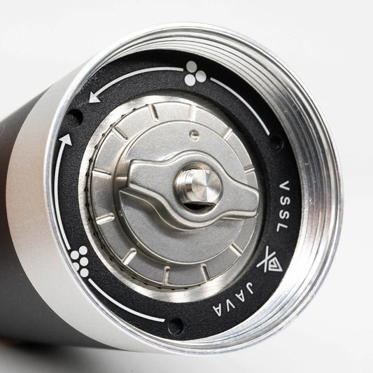 VSSL Java G45 adjustment dial Coffee Hand Grinder Black on White Background 