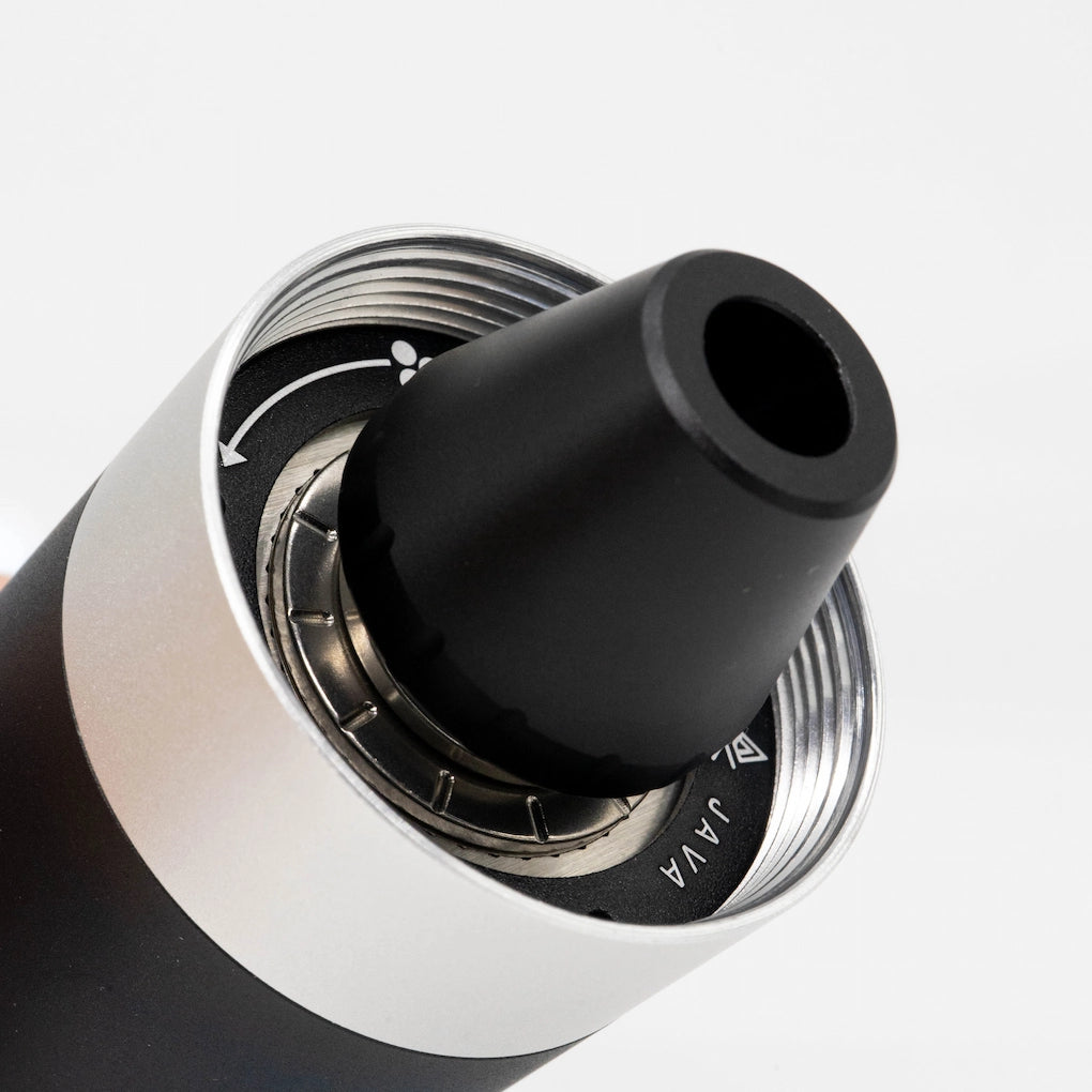 VSSL Java G45 Coffee Hand Grinder Black fold up carabiner crank on White Background knob on grind dial Basic Barista 