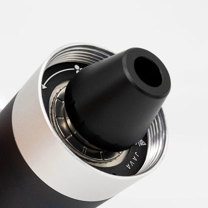 VSSL Java G45 Coffee Hand Grinder Black fold up carabiner crank on White Background knob on grind dial Basic Barista 
