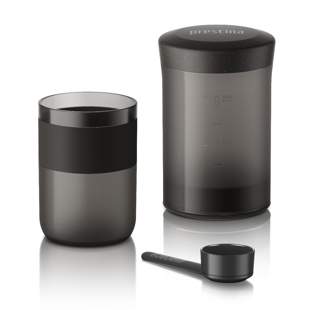 Wacaco Prestina Press Coffee Basic Barista Coal Black with coffee scoop