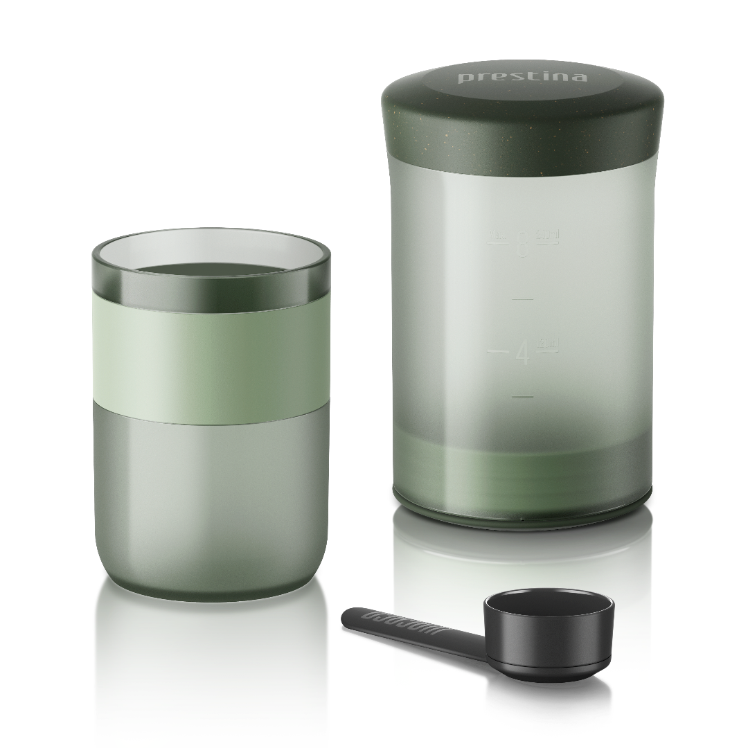 Wacaco Prestina Press Coffee Basic Barista Sage Green with coffee scoop 