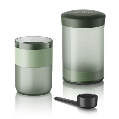 Wacaco Prestina Press Coffee Basic Barista Sage Green with coffee scoop 